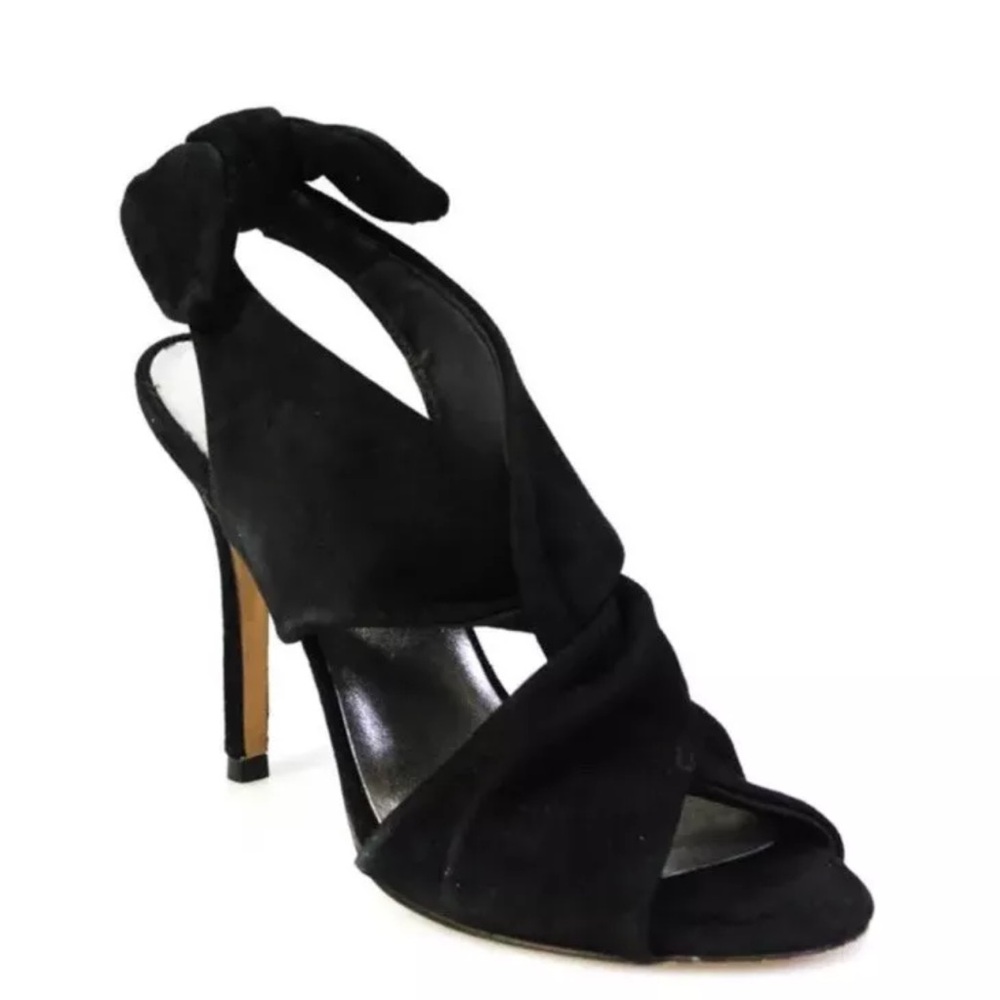 *SAMPLE* $278 Trina Turk *Larkspur* black suede knotted stiletto sandals heels 7